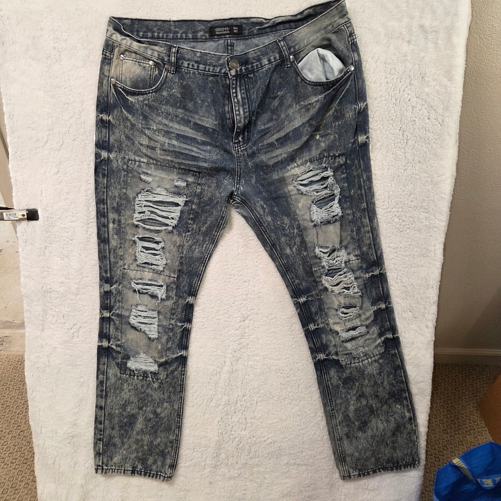 Trestles Supply California Republic Distressed‎ Ripped Blue Wash Denim Jeans 42